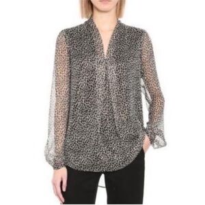Michael Kors Pleated Long Sleeve Blouse Metallic Thread Leopard Print Hi Low